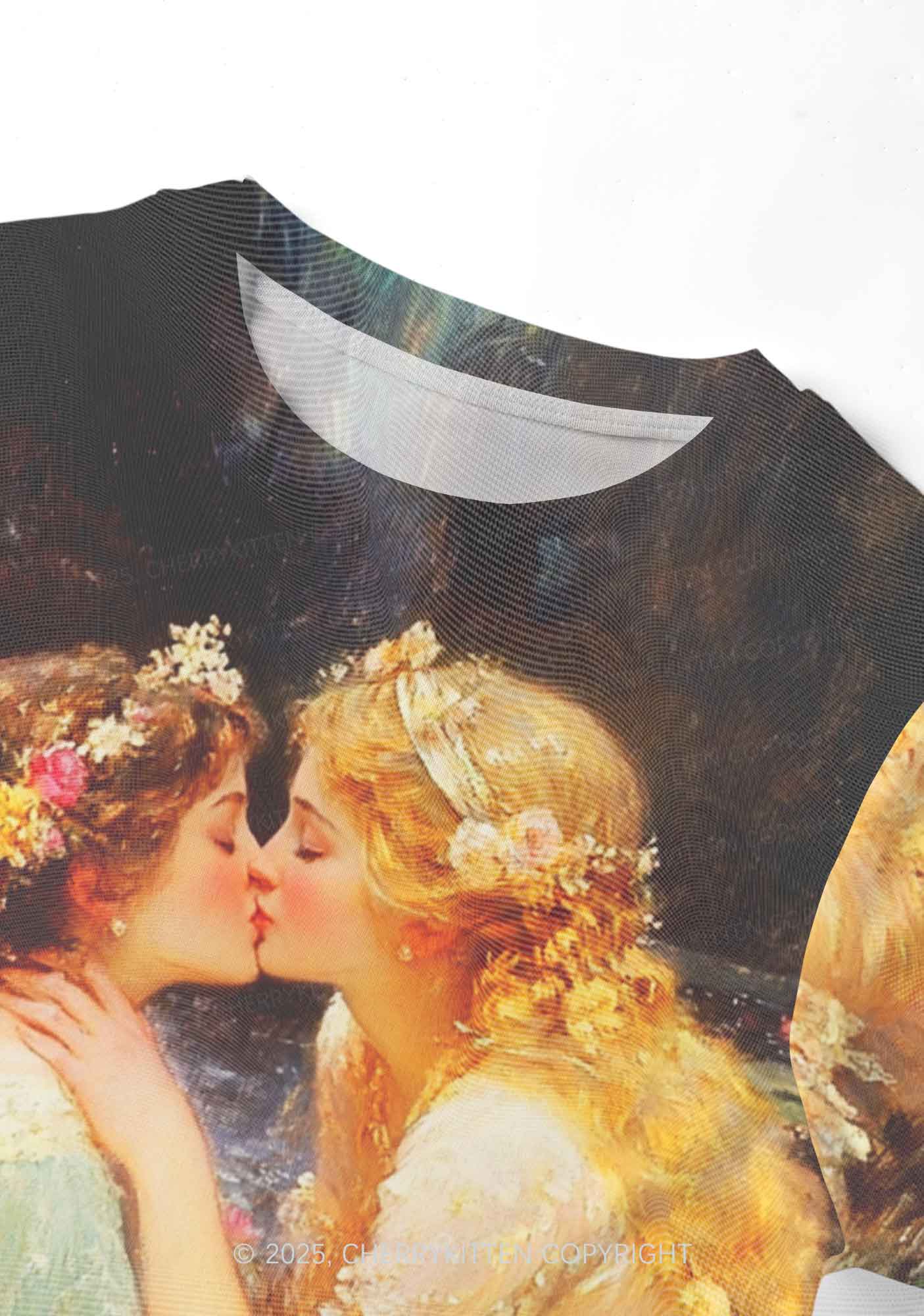 Romantic Kissing Girls Pride Y2K Mesh Crop Top Cherrykitten