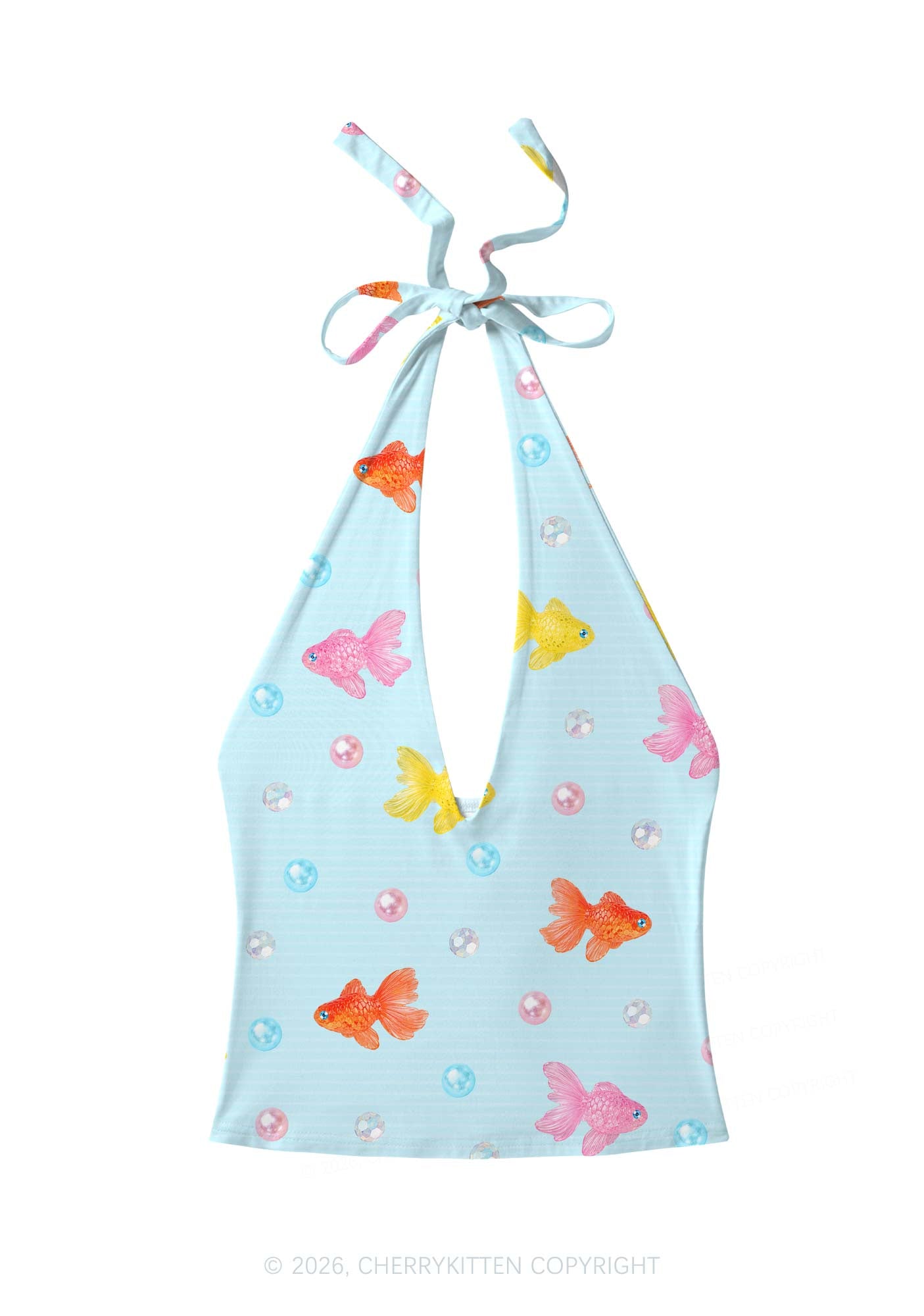 Candy Goldfish Bubble Y2K Print Halter Deep V Neck Cami Cherrykitten