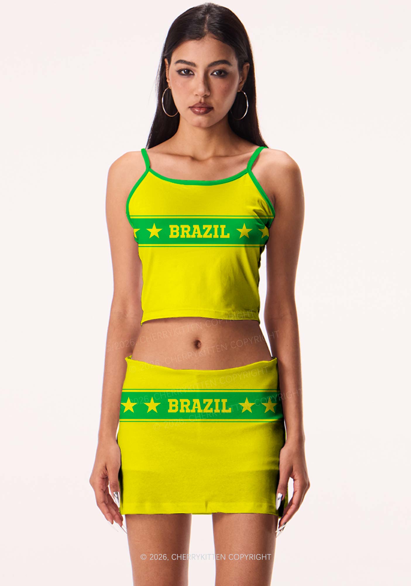 Yellow Green Stripe Star Y2K Print Cami Crop Top Cherrykitten
