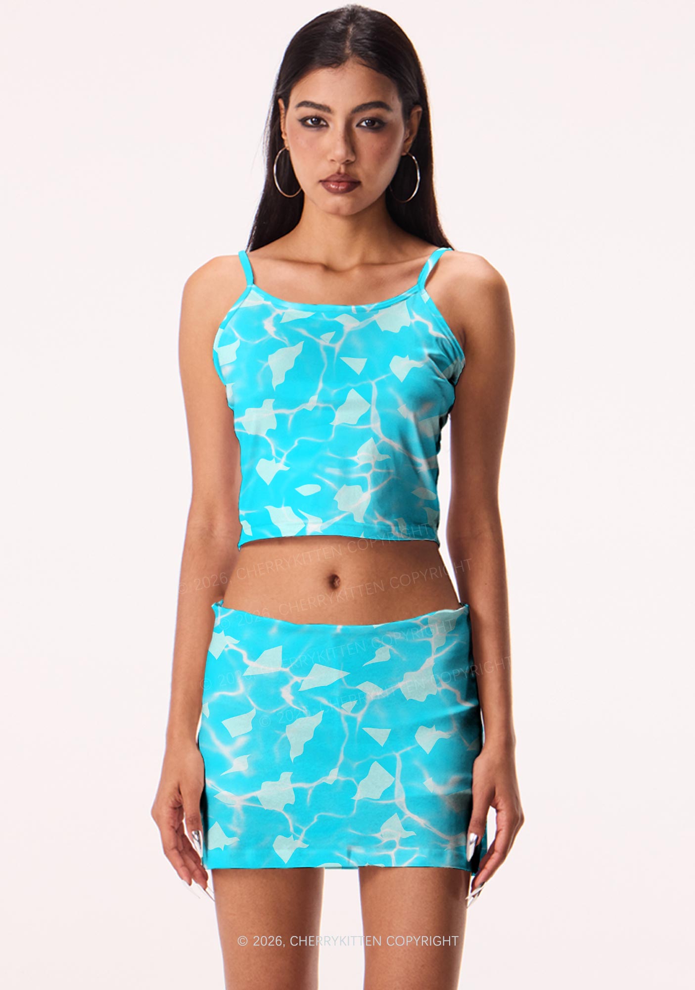 Turquoise Water Ripple Y2K Print Cami Crop Top Cherrykitten