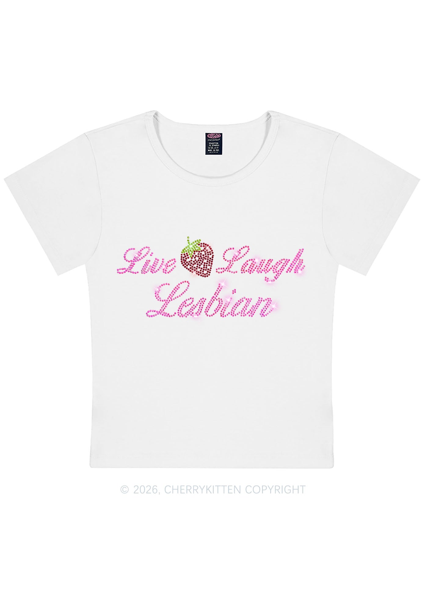 Rhinestone Live Laugh Lesbian Strawberry Pride Y2K Baby Tee Cherrykitten