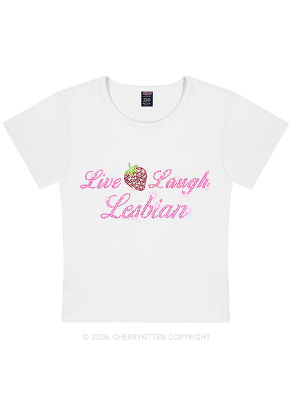 Rhinestone Live Laugh Lesbian Strawberry Pride Y2K Baby Tee Cherrykitten