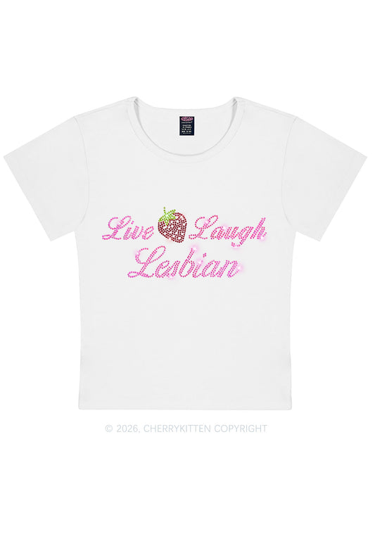 Rhinestone Live Laugh Lesbian Strawberry Pride Y2K Baby Tee Cherrykitten