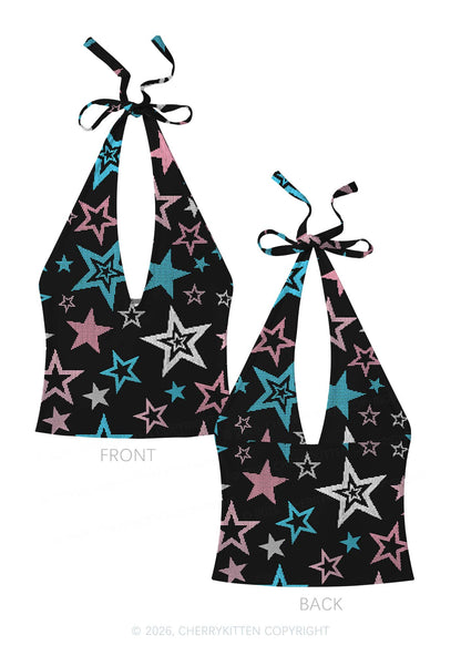 Trans Star Pride Y2K Print Halter Deep V Neck Cami Cherrykitten