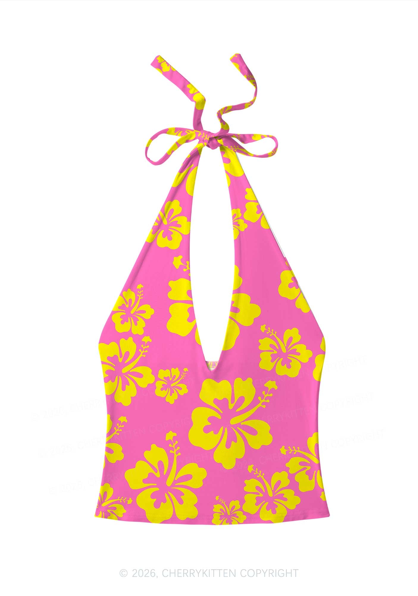 Yellow Floral On Pink Y2K Print Halter Deep V Neck Cami Cherrykitten