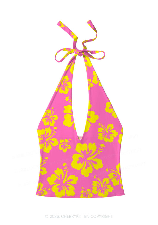Yellow Floral On Pink Y2K Print Halter Deep V Neck Cami Cherrykitten