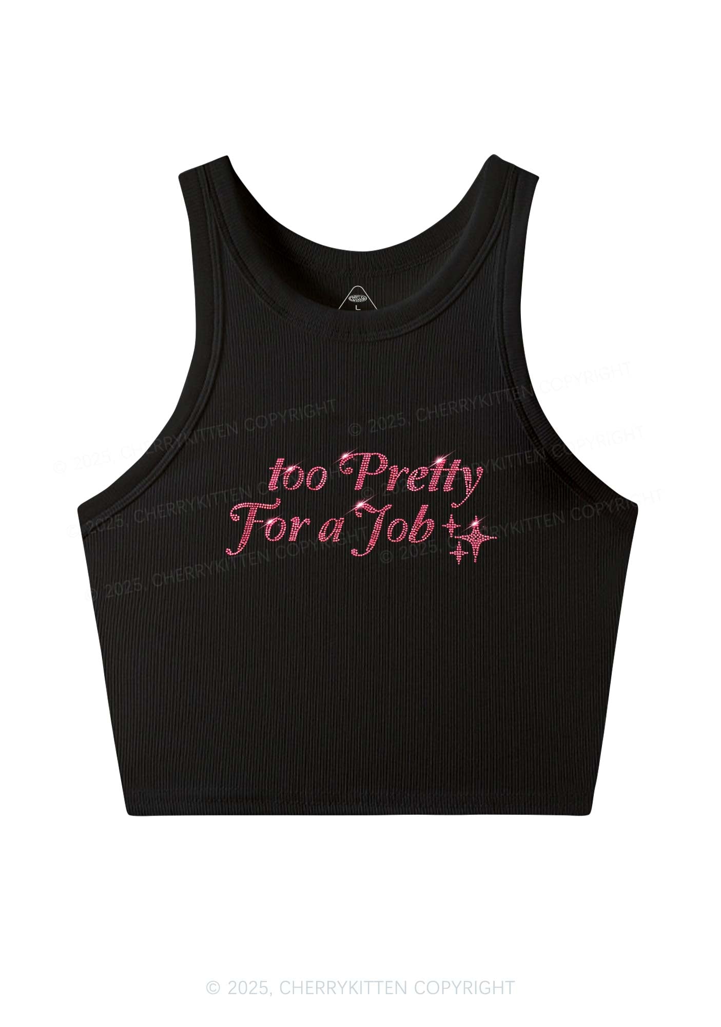 Rhinestone Too Pretty For Job Y2K Crop Tank Top Cherrykitten