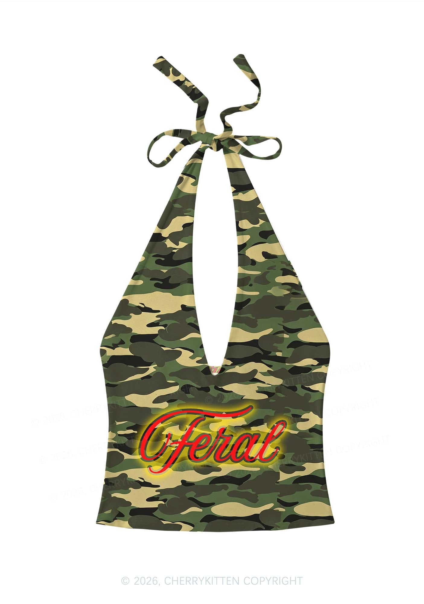 Feral Camo Y2K Print Halter Deep V Neck Cami Cherrykitten