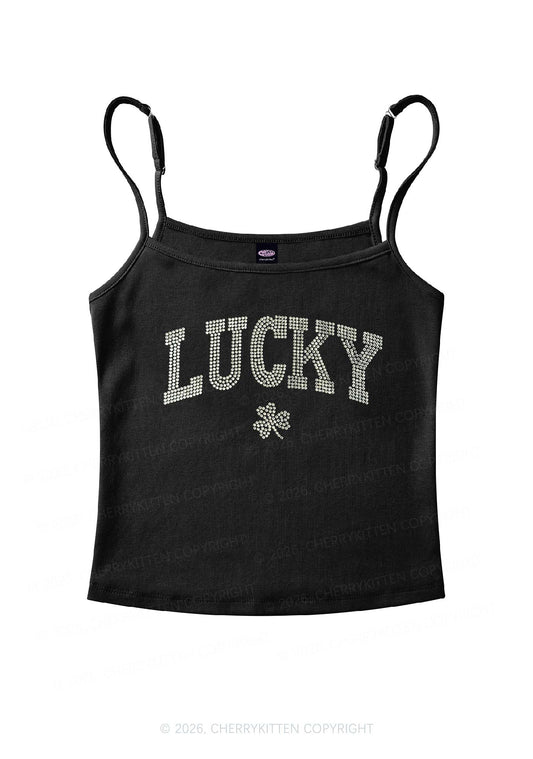 Rhinestone Lucky Shamrock St Patricks Y2K Spaghetti Strap Cami Cherrykitten