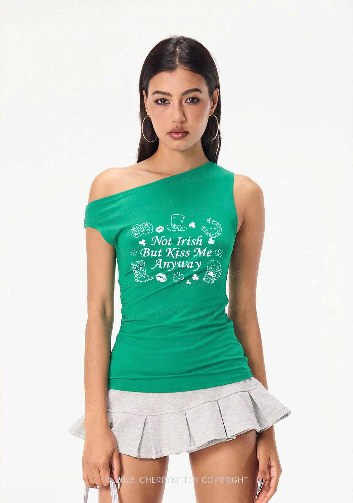 Not Irish Kiss Me Anyway St Patricks Y2K Off Shoulder Tank Top Cherrykitten