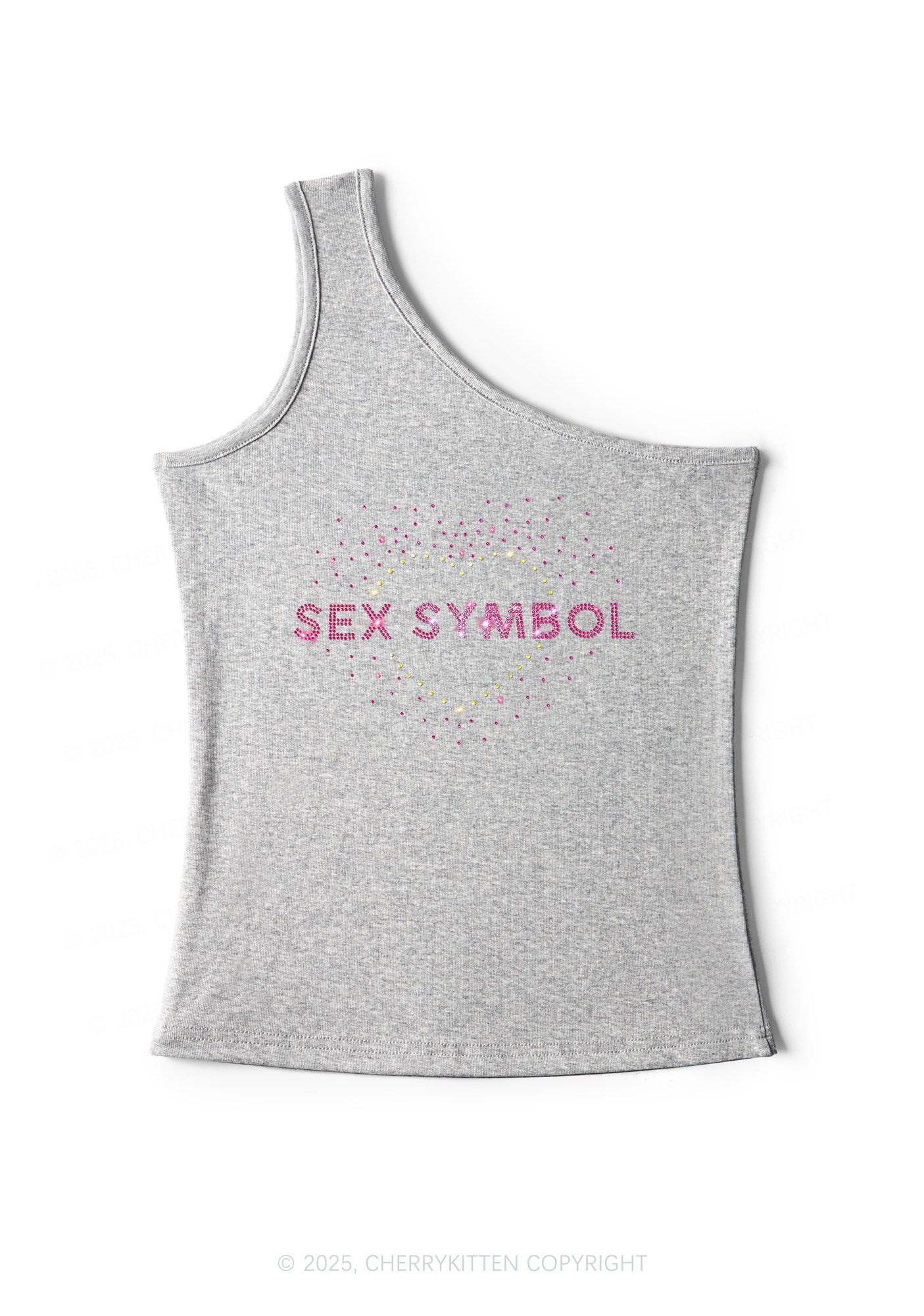 Rhinestone Sx Symbol Y2K One Shoulder Tank Top Cherrykitten