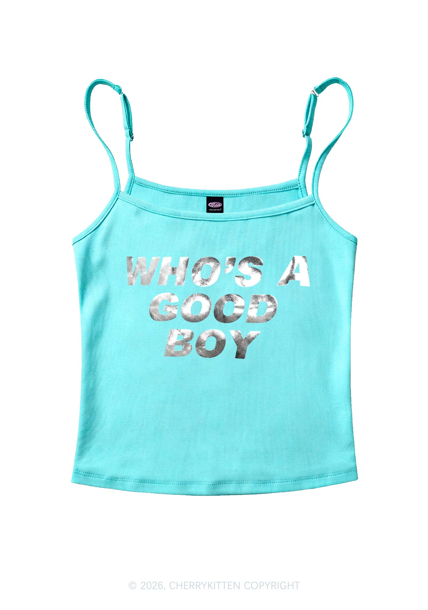 Whos A Good Boy Silver Foil Printed Y2K Spaghetti Strap Cami Cherrykitten