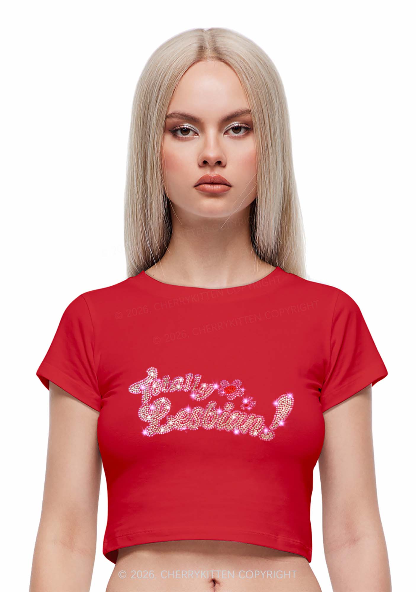 Rhinestone Totally Lesbian Pride Y2K Baby Tee Cherrykitten