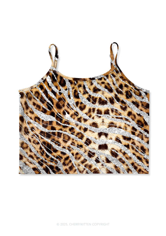 Silver Glitter Leopard Y2K Print Cami Crop Top Cherrykitten