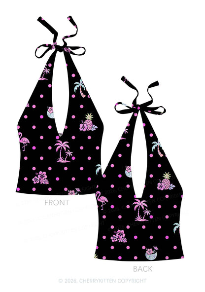 Pink Dots Palm Tree Y2K Print Halter Deep V Neck Cami Cherrykitten