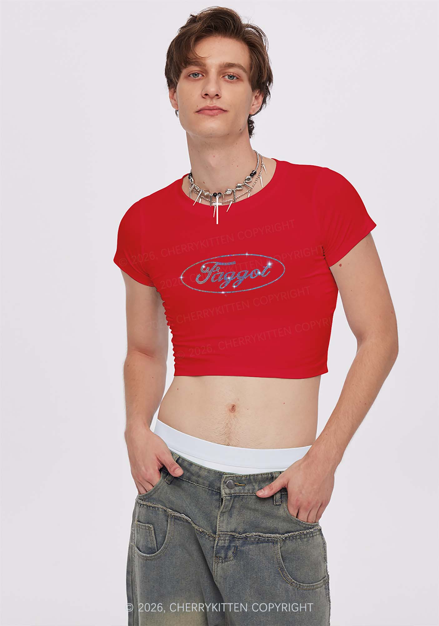 Rhinestone Oval Faggot Pride Y2K Baby Tee Cherrykitten