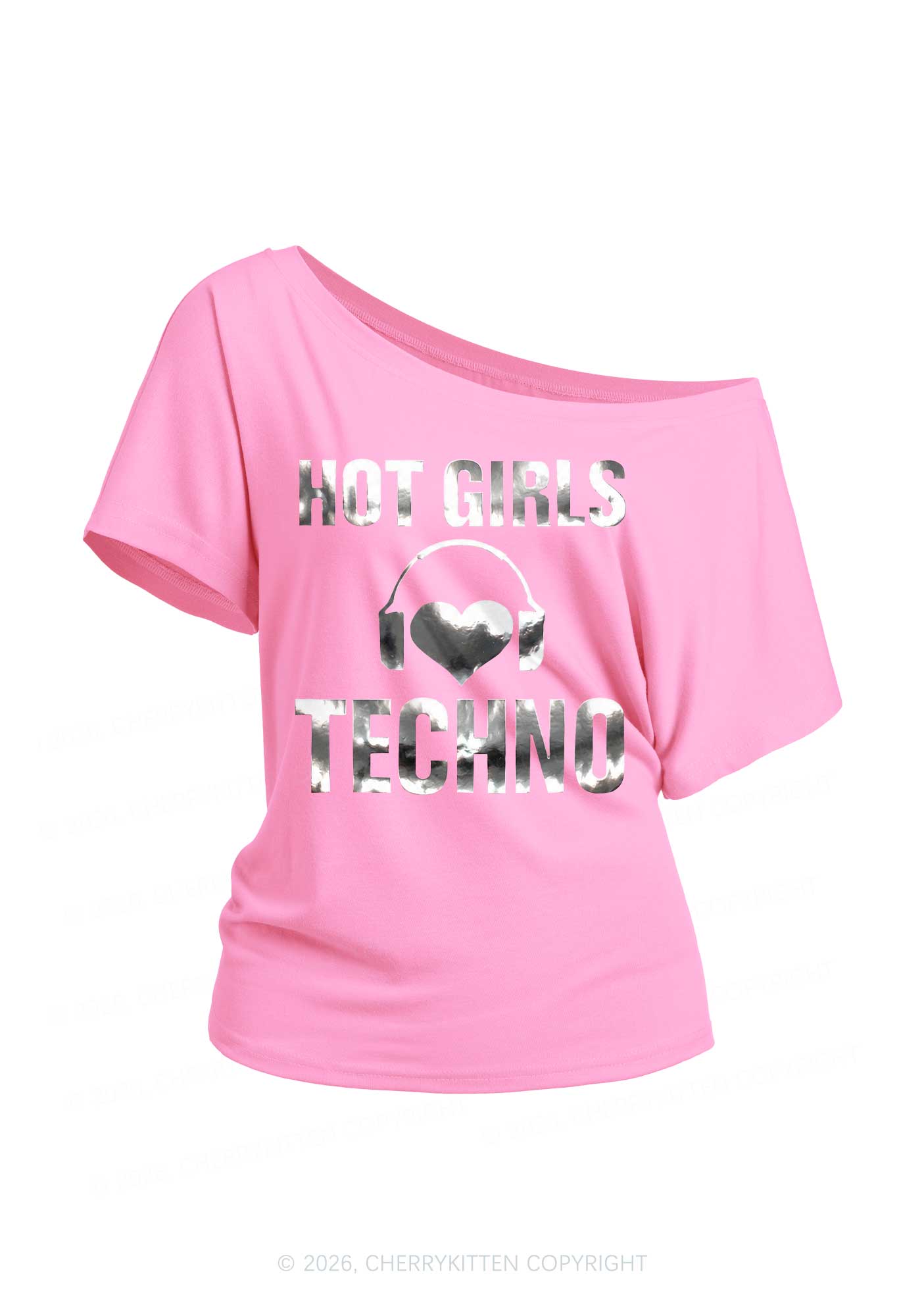 Hot Girls Love Techno Silver Foil Printed Y2K Off Shoulder Tee Cherrykitten