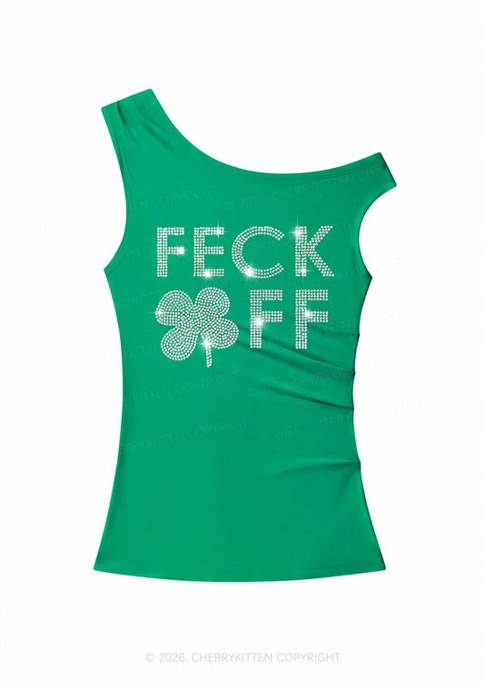 Rhinestone Feck Off St Patricks Y2K Off Shoulder Tank Top Cherrykitten