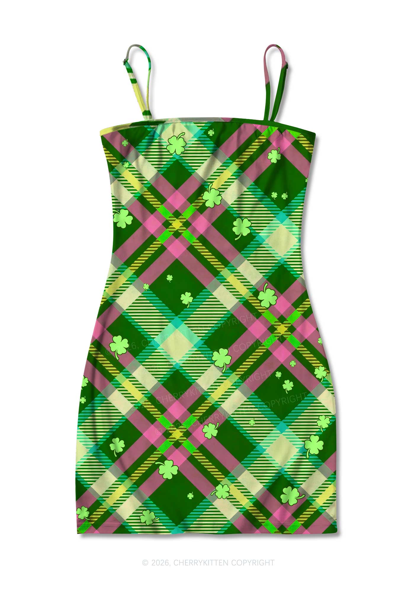 Four Leaf Clover Plaid St Patricks Y2K Print Slip Dress Cherrykitten