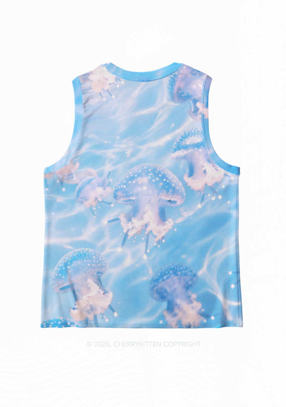Blue Ocean Jellyfish Y2K Mesh Muscle Tank Cherrykitten