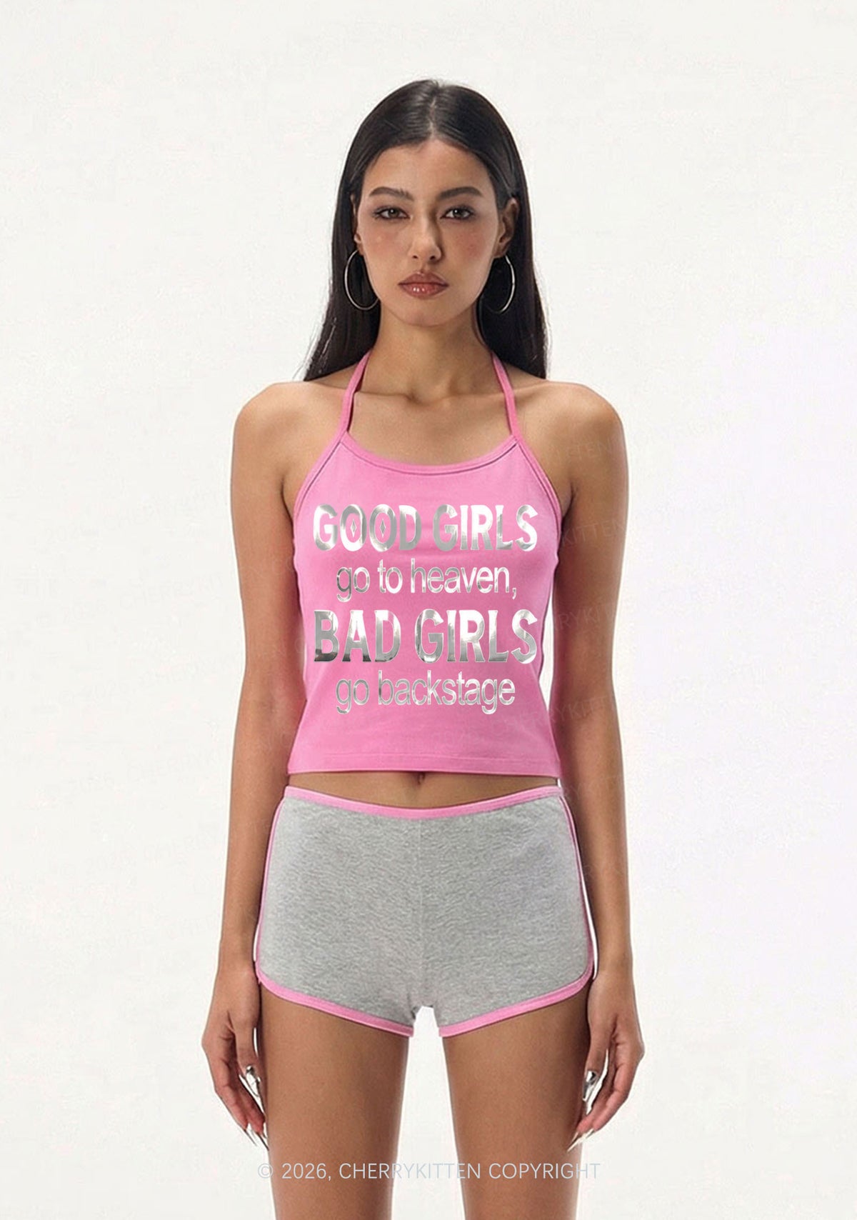 Bad Girls Go Backstage Silver Foil Printed Y2K Halter Neck Cami Cherrykitten