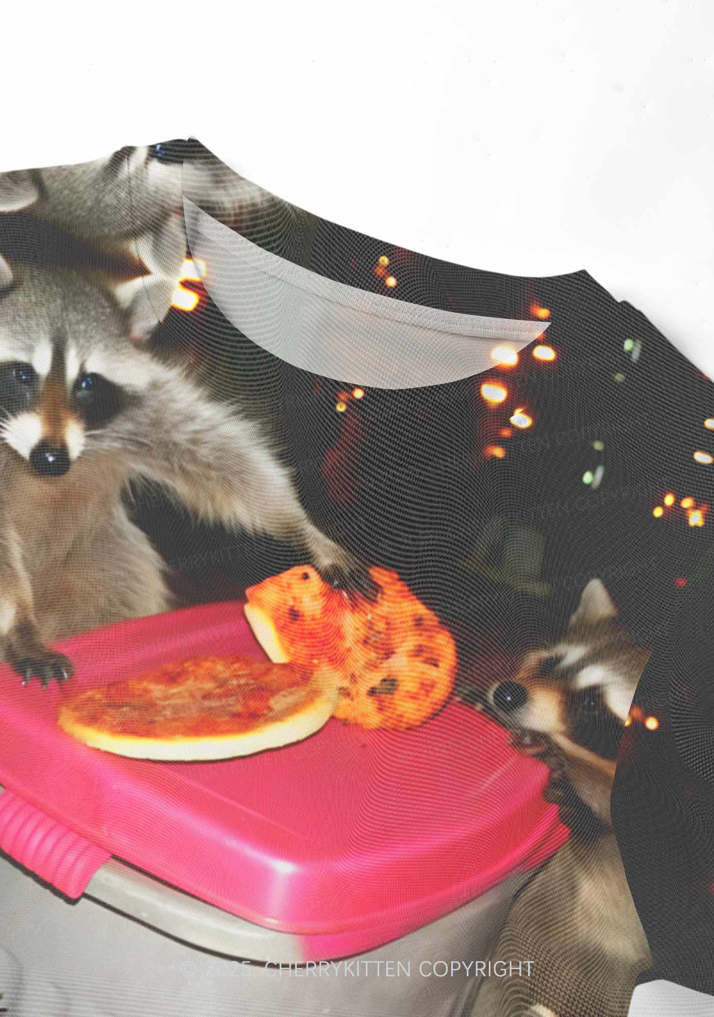 Raccoons Pizza Party Y2K Mesh Crop Top Cherrykitten