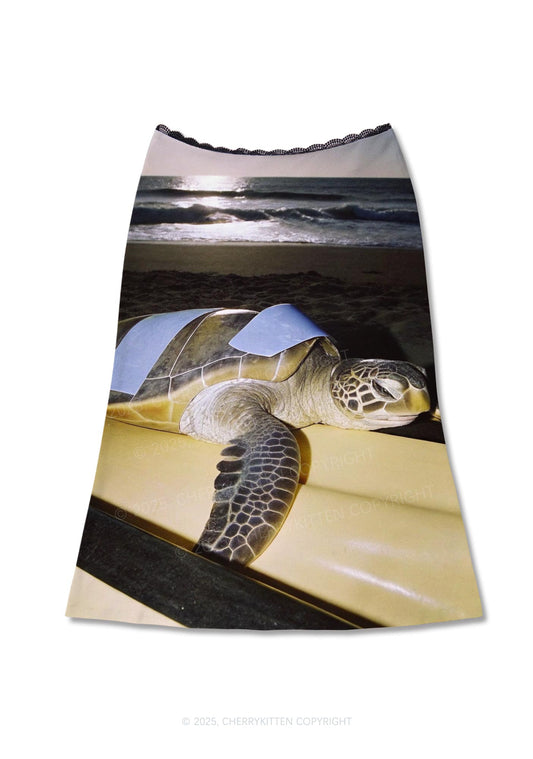 Turtle On Surfboard Y2K Print Midi Skirt Cherrykitten