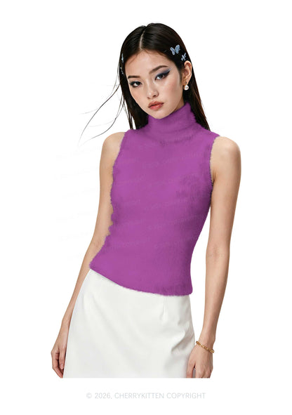 Plain Purple Y2K Knit Turtleneck Tank Top Cherrykitten