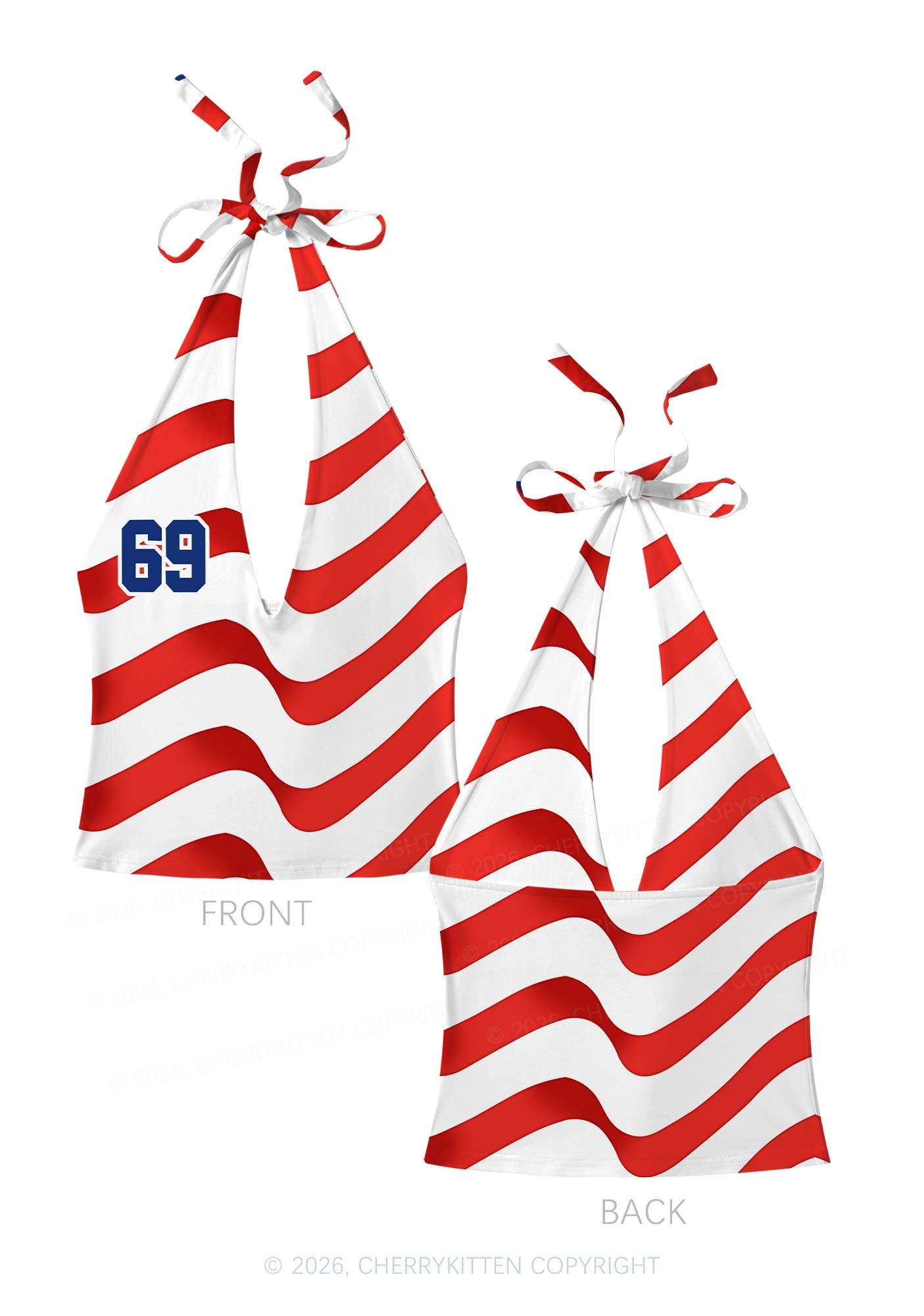Red White Wavy Stripe Y2K Print Halter Deep V Neck Cami Cherrykitten