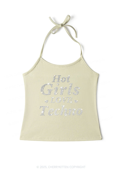 Rhinestone Hot Girls Love Techno Y2K Halter Neck Cami Cherrykitten