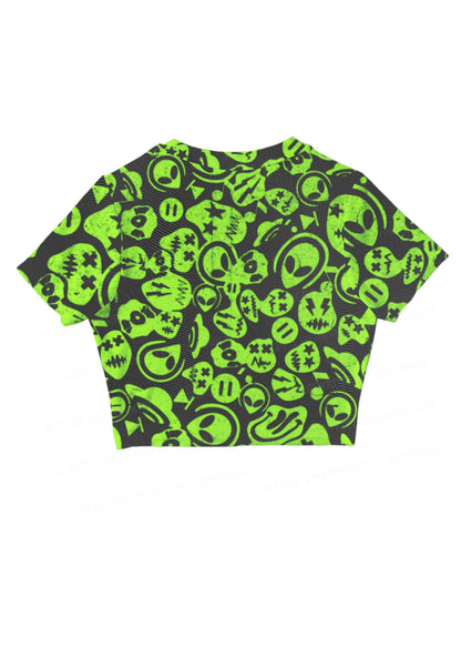 Green Alien Doodle Y2K Mesh Crop Top Cherrykitten