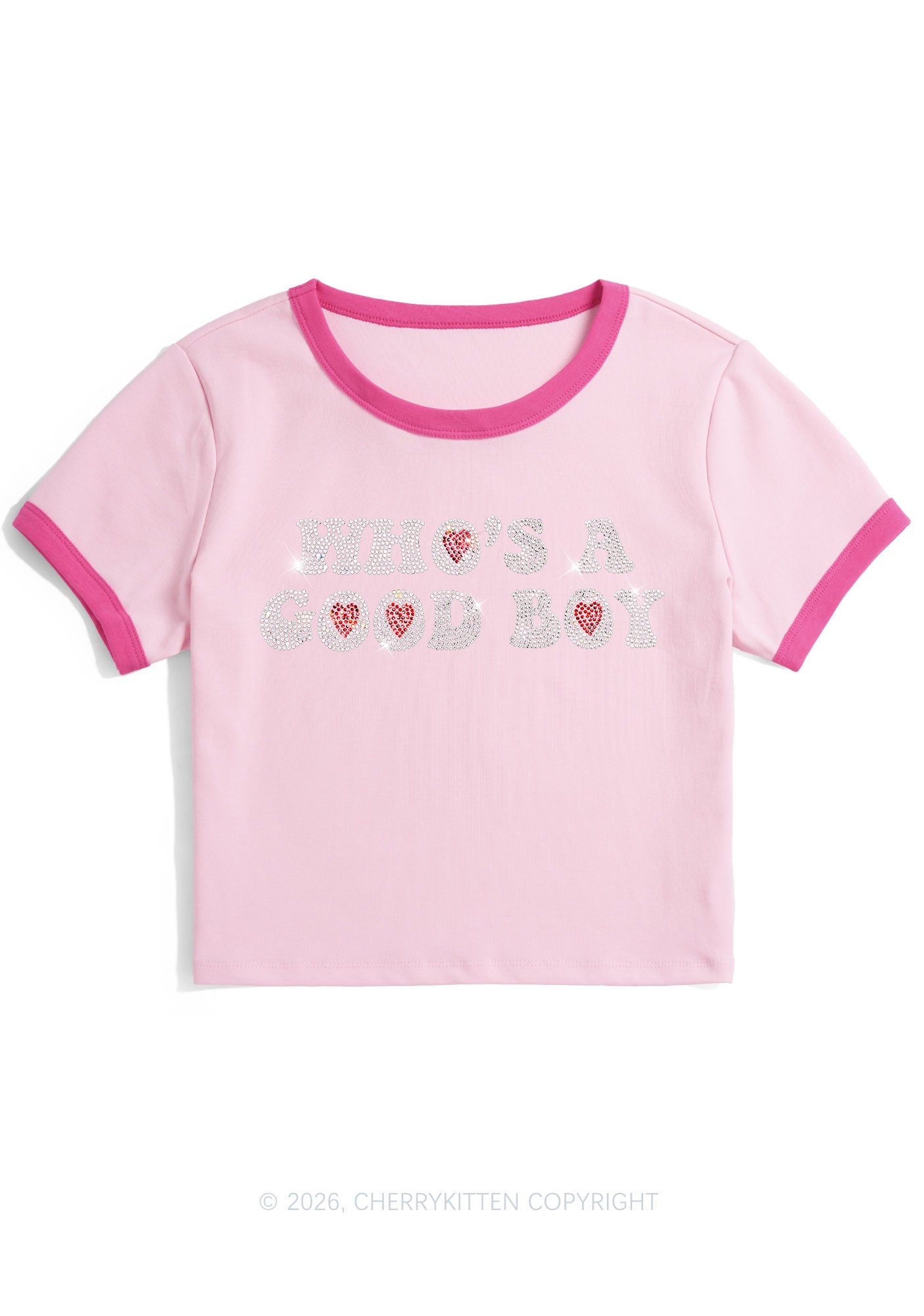 Rhinestone Whos A Good Boy Y2K Ringer Tee Cherrykitten