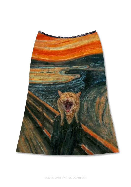 Screaming Cat Y2K Print Midi Skirt Cherrykitten