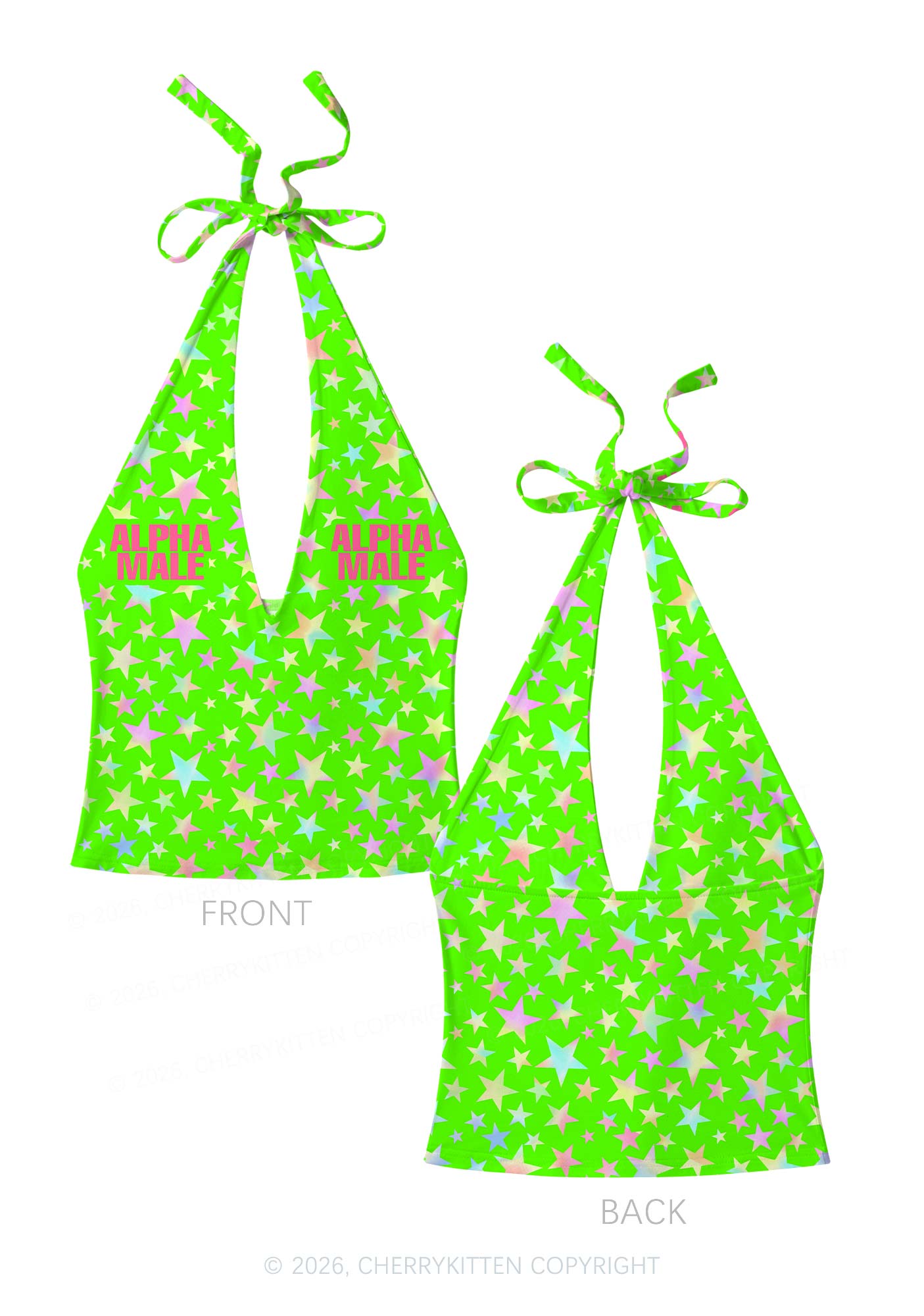Green Alpha Male Y2K Print Halter Deep V Neck Cami Cherrykitten