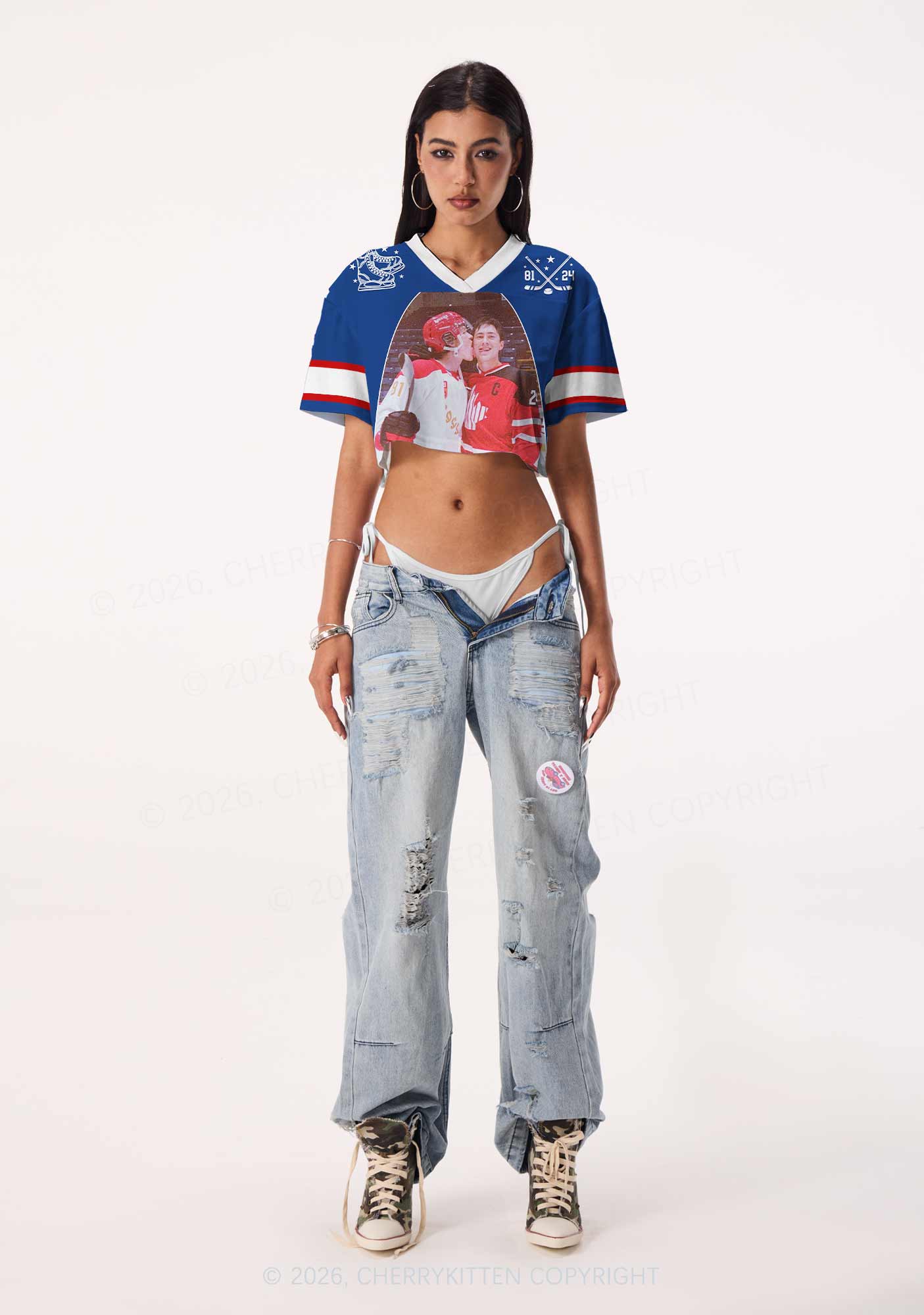 Blue Hockey Boys Kissing HR Y2K Crop Sport Jersey Shirts Cherrykitten