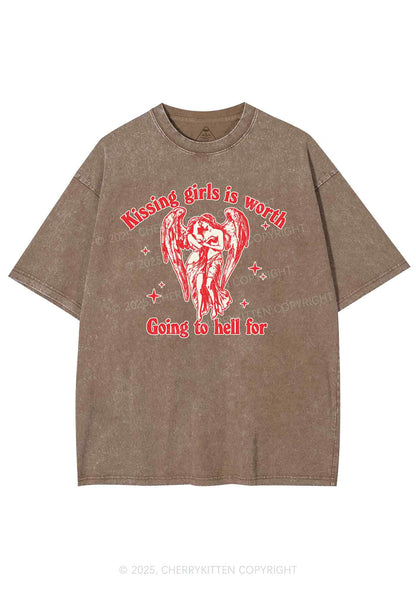 Kissing Girls To Hell Pride Y2K Shirts Washed Tee Cherrykitten