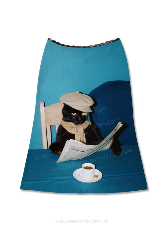 Cats Coffee Break Y2K Print Midi Skirt Cherrykitten