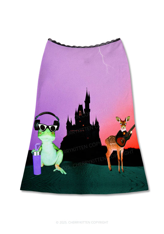 Frog Deer Castle Y2K Print Midi Skirt Cherrykitten