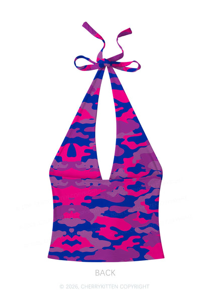 Bisexual Camouflage Pride Y2K Print Halter Deep V Neck Cami Cherrykitten