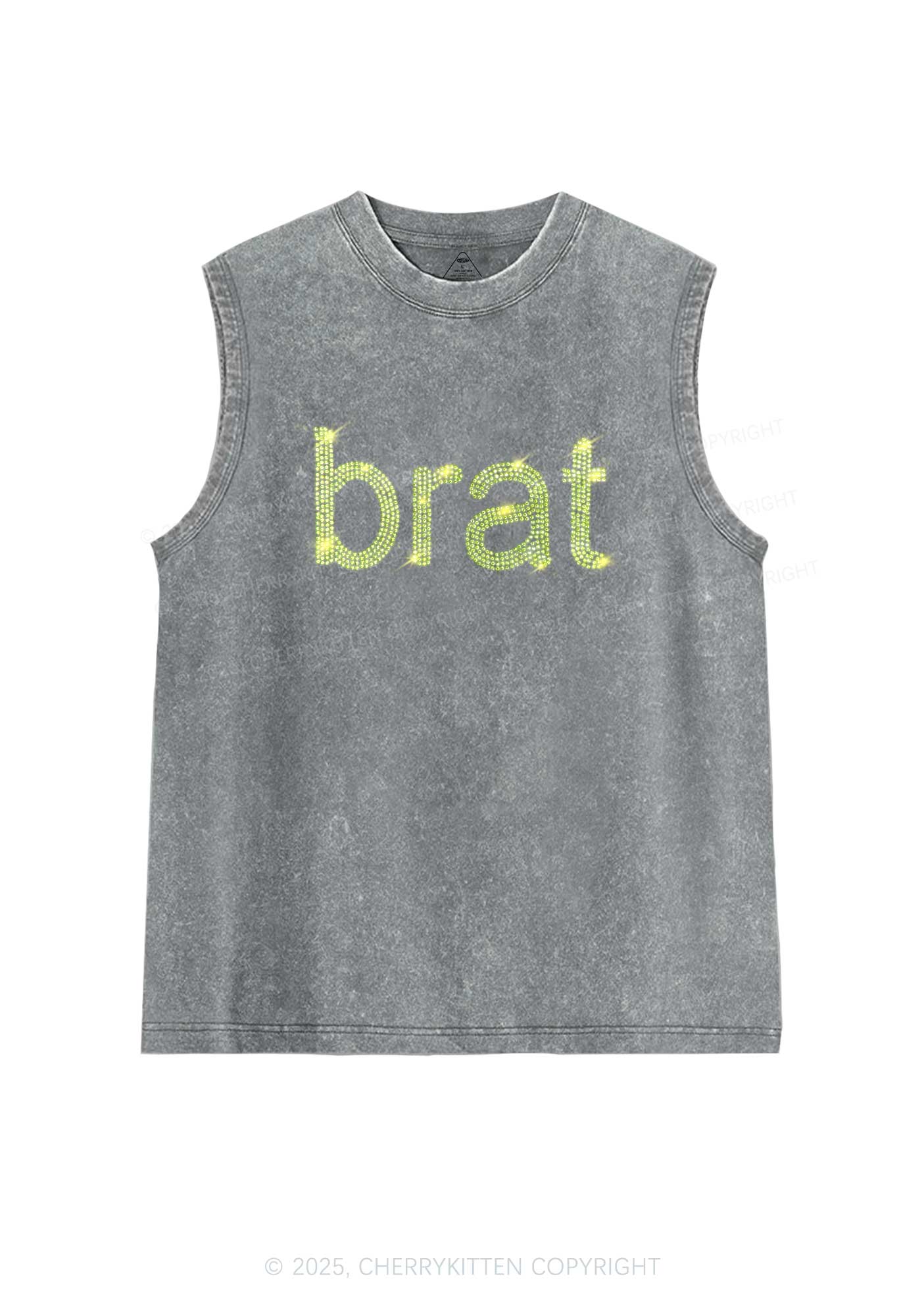 Rhinestone Green Brat Y2K Washed Muscle Tank Cherrykitten