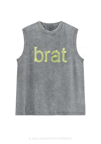 Rhinestone Green Brat Y2K Washed Muscle Tank Cherrykitten