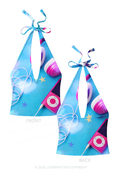 Retro Pink Headphone Y2K Print Halter Deep V Neck Cami Cherrykitten