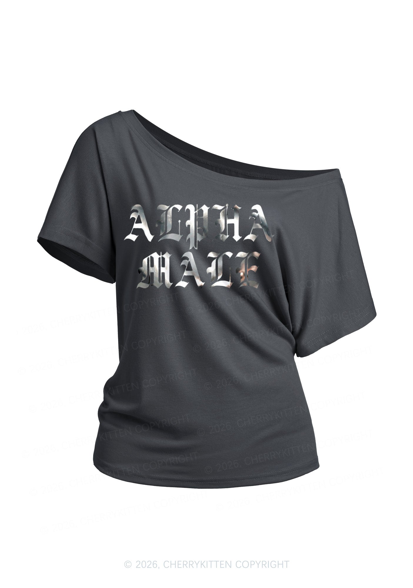 Alpha Male Silver Foil Printed Y2K Off Shoulder Tee Cherrykitten