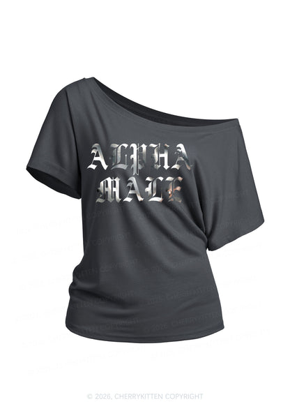 Alpha Male Silver Foil Printed Y2K Off Shoulder Tee Cherrykitten