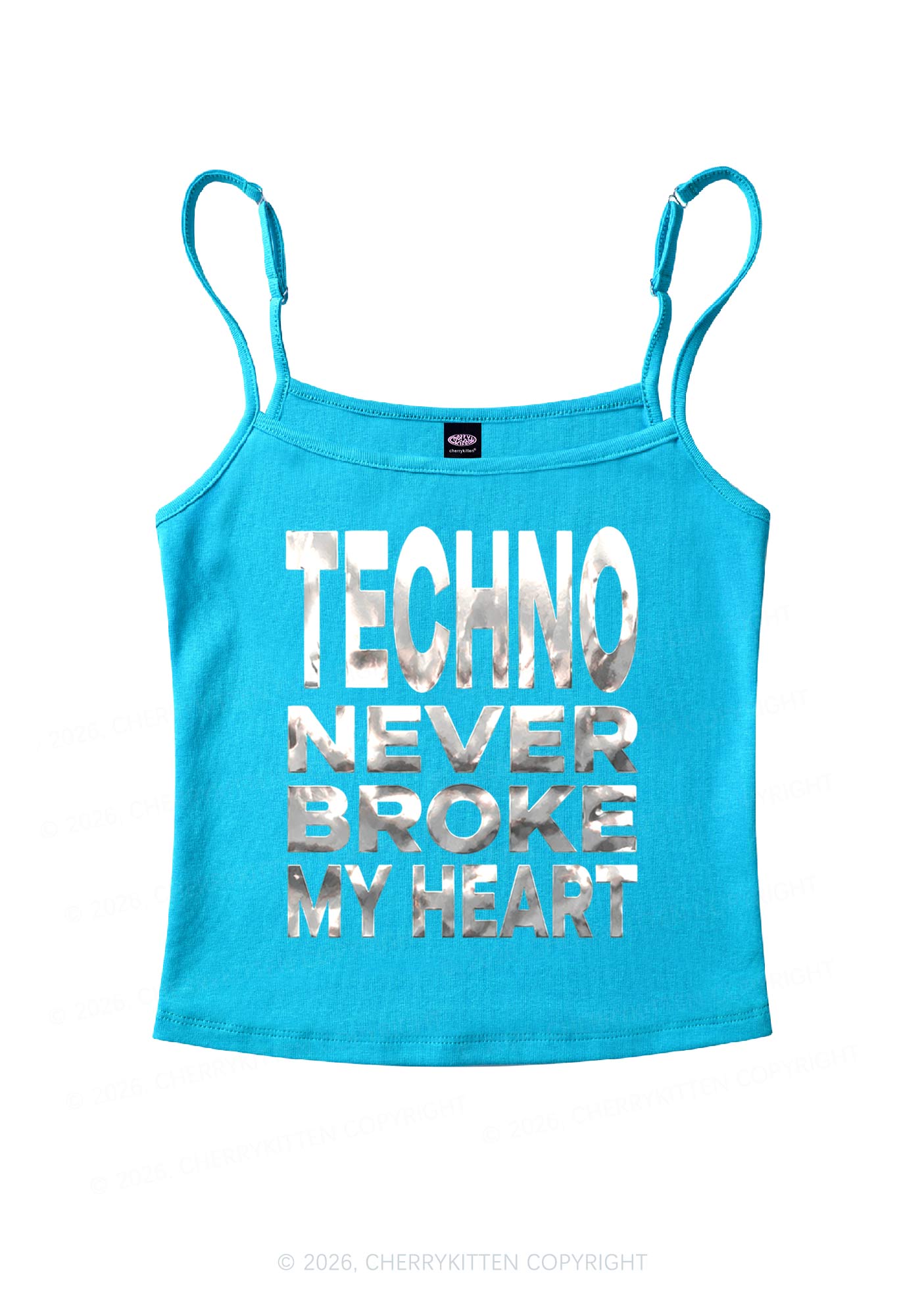 Techno Broke Heart Silver Foil Printed Y2K Spaghetti Strap Cami Cherrykitten