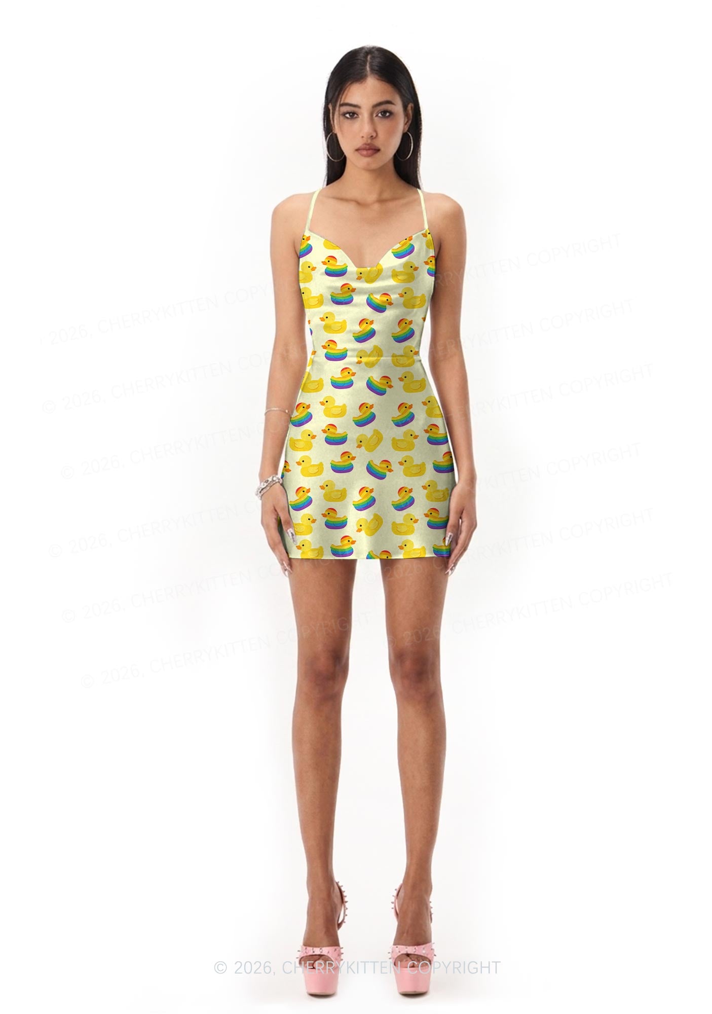 Rainbow Ducks Pride  Y2K Print Satin Cowl Neck Slip Dress Cherrykitten