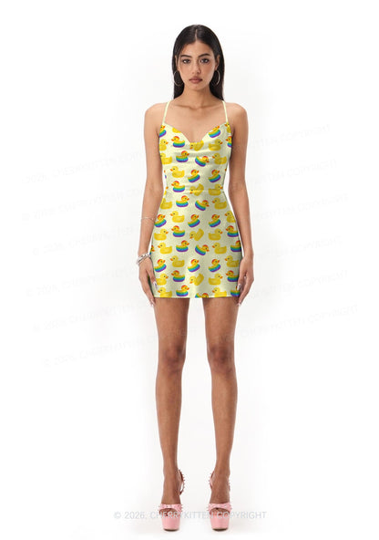 Rainbow Ducks Pride  Y2K Print Satin Cowl Neck Slip Dress Cherrykitten