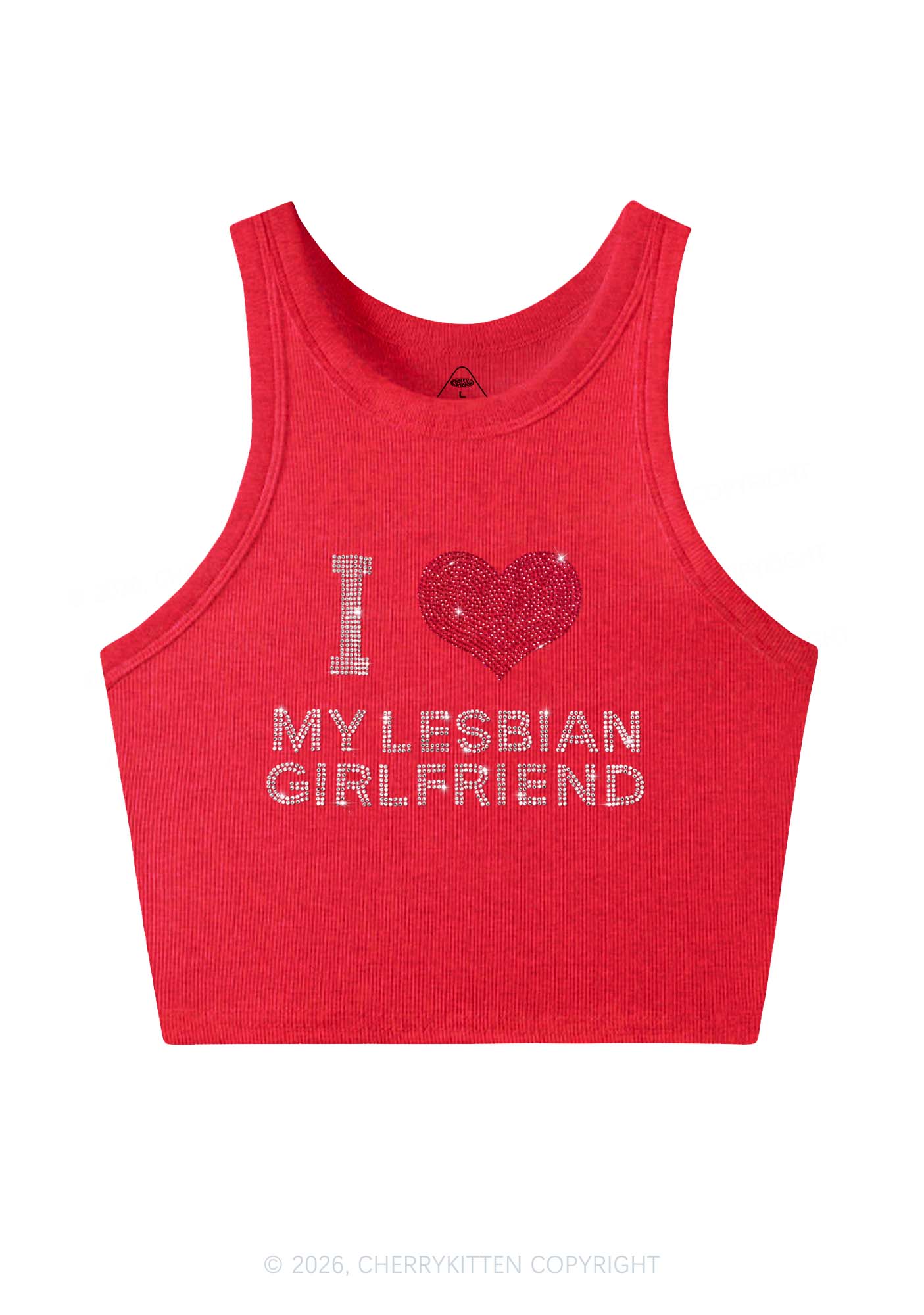 Rhinestone I Love My Lesbian GF Pride Y2K Crop Tank Top Cherrykitten