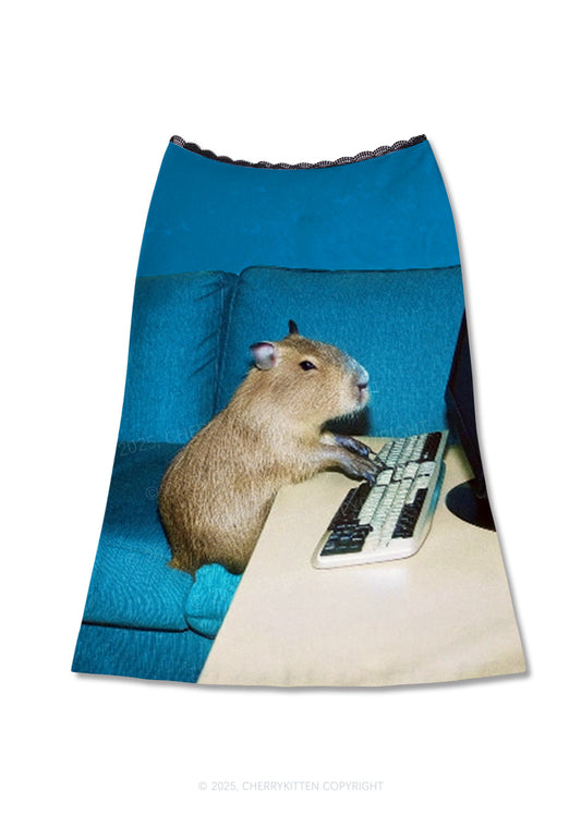 Keyboard Capybara Y2K Print Midi Skirt Cherrykitten