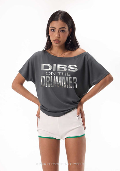 Dibs On The Drummer Silver Foil Printed Y2K Off Shoulder Tee Cherrykitten